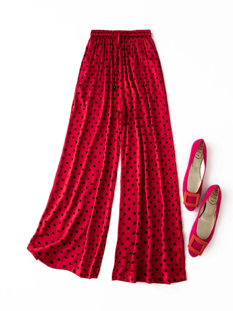 

SuyaDream Woman Dots Pants 93%Silk 7%Spandex Elastic Waist Wide Leg Red Pants 2021 Spring Trousers