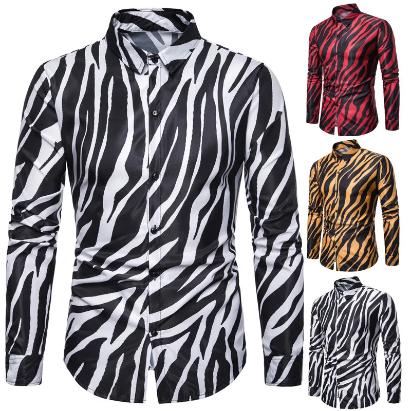 

2019 New Nightclub Party Zebra Striped Mens Shirts Casual Slim Fit Long Sleeve Camisa Social Mens Dress Shirts Chemise Homme 3XL