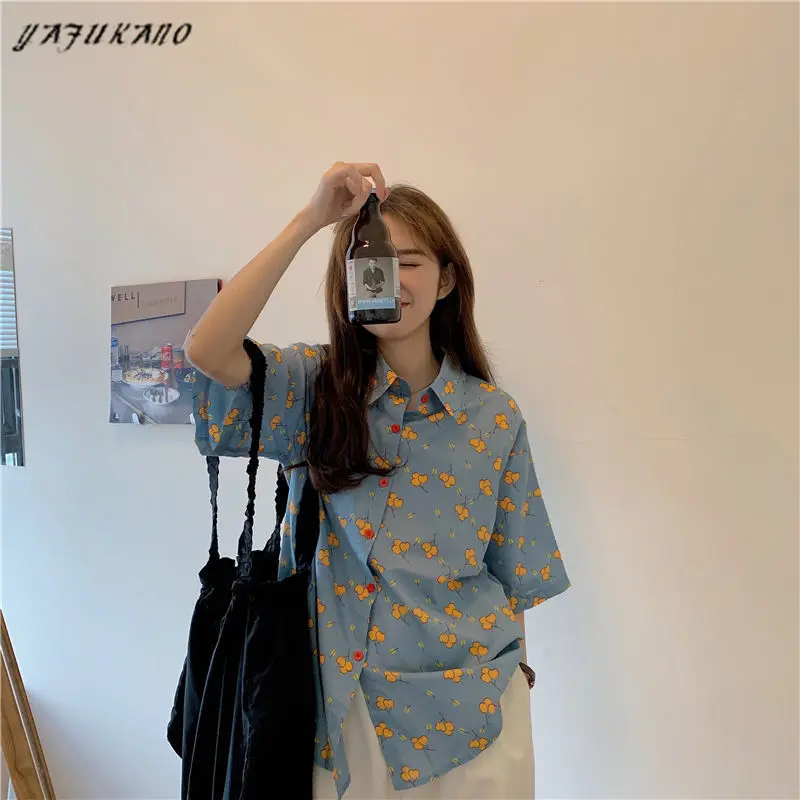 

Korean Style Print Shirts for Women Summer Fashion 2021 Button Up Shirt Short Sleeve Loose Casual Women Shirts