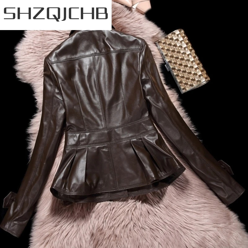 

JCHB 2021 Spring Women Leather Jacket Coat Black Sheepskin Genuine Leather Motorcycle Clothes Female Sexy Slim Button Pleated J