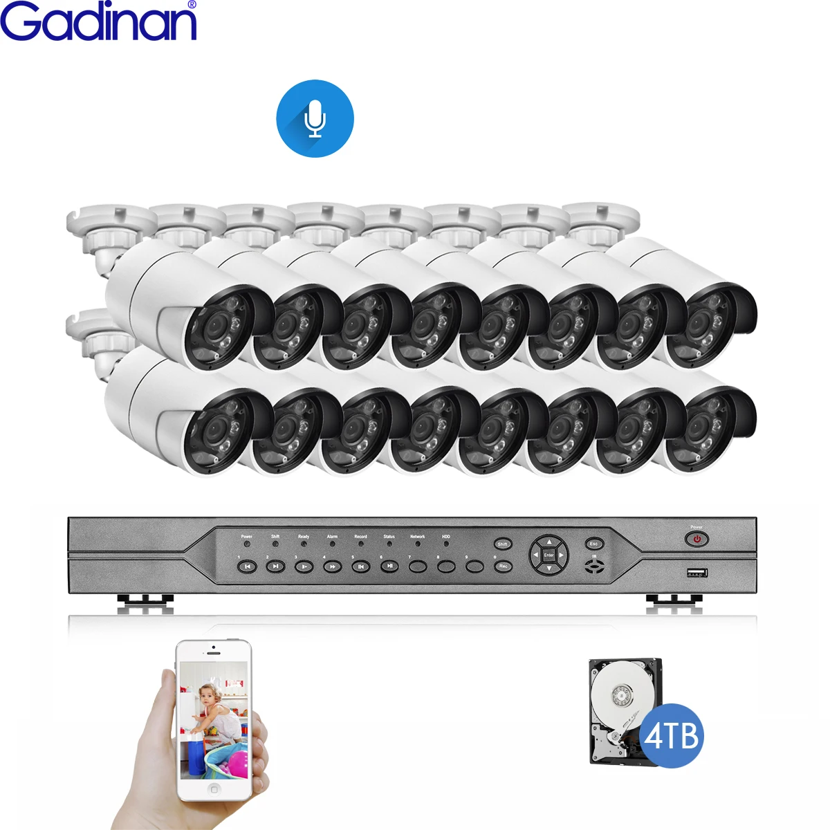Gadinan H.265AI 16CH 5MP 4K HD POE NVR Kit CCTV Системы ИК Открытый аудио AI IP Камера P2P для охранного