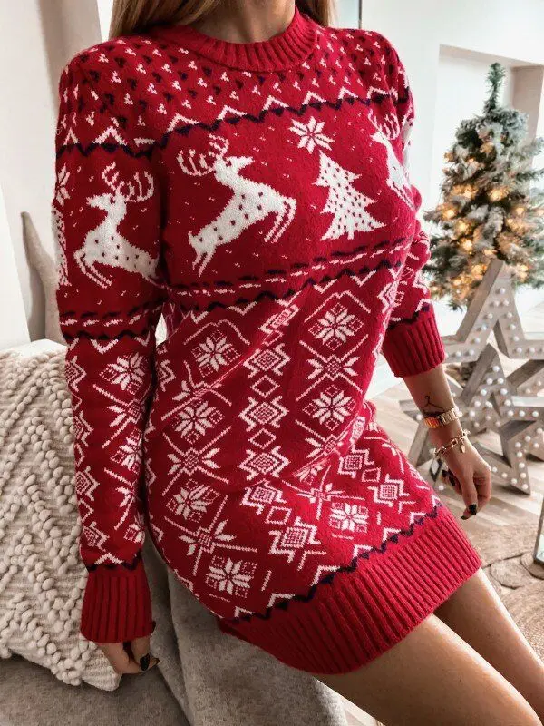 

Christmas Dress for Women Winter Autumn Clothing Long Sleeve Knitted Pullover Casual Party Mini Dress New Years Xmas Clothes