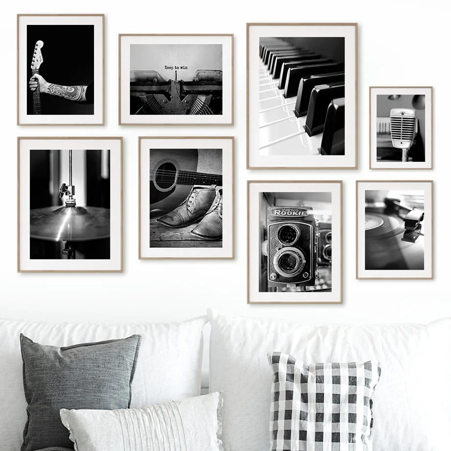 

Vintage Posters and Prints Guitar Piano Drum Camera Record Wall Art Black and White Canvas Painting Pictures Living Room Decor