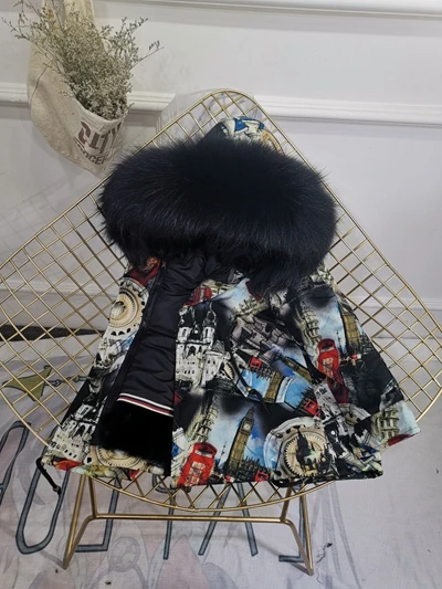 Gear Black Fur Детская зимняя куртка с отделкой из меха, пальто для мальчиков и девочек утепленное пальто из меха кролика с граффити, Детская меховая куртка для девочек, TZ147 - Цвет: Gear Black Fur