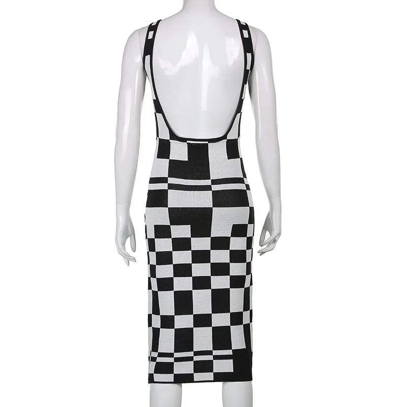 

ALLNeon Y2K Aesthetics Knitted Plaid Print Tank Dresses Vintage 90s Hollow Our Bodycon Midi Dress Partywear Summer Outfit Black
