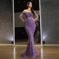 purple elegant classic evening dress off the shoulder floor length mermaid feathers beaded formal dubai prom dress plus size