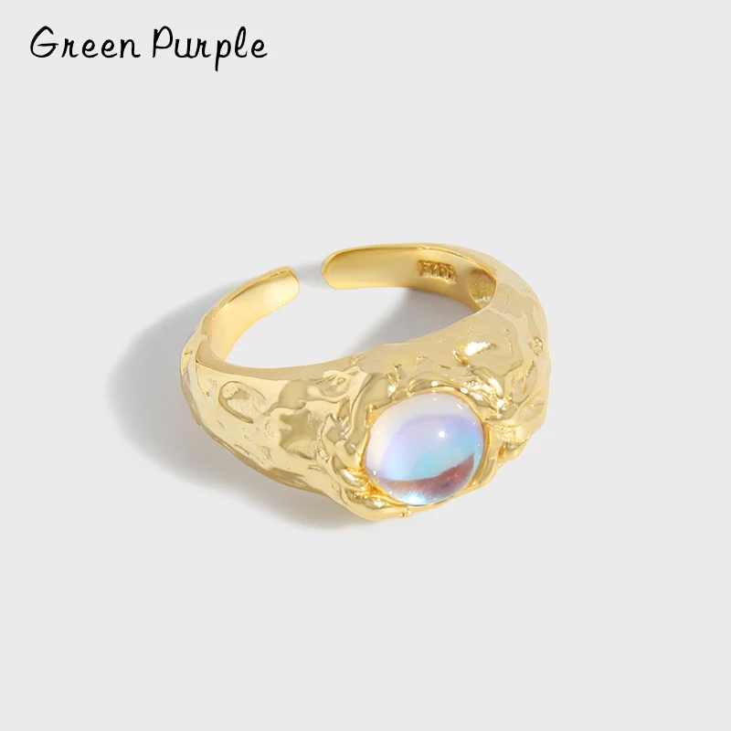 

Moonstone Texture Ring Green Purple Genuine 925 Sterling Silver Minimalism Anelli Punk Aneis Boho Anillos Fine Rings for Women