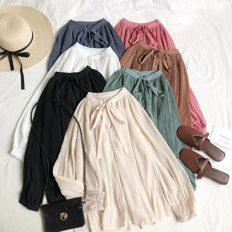 2020 Spring Autumn Women Casual Loose Blouse Sweet V-Neck Tie Bow Chiffon Blouses Female All Match Long Sleeve Shirt Tops AB1857
