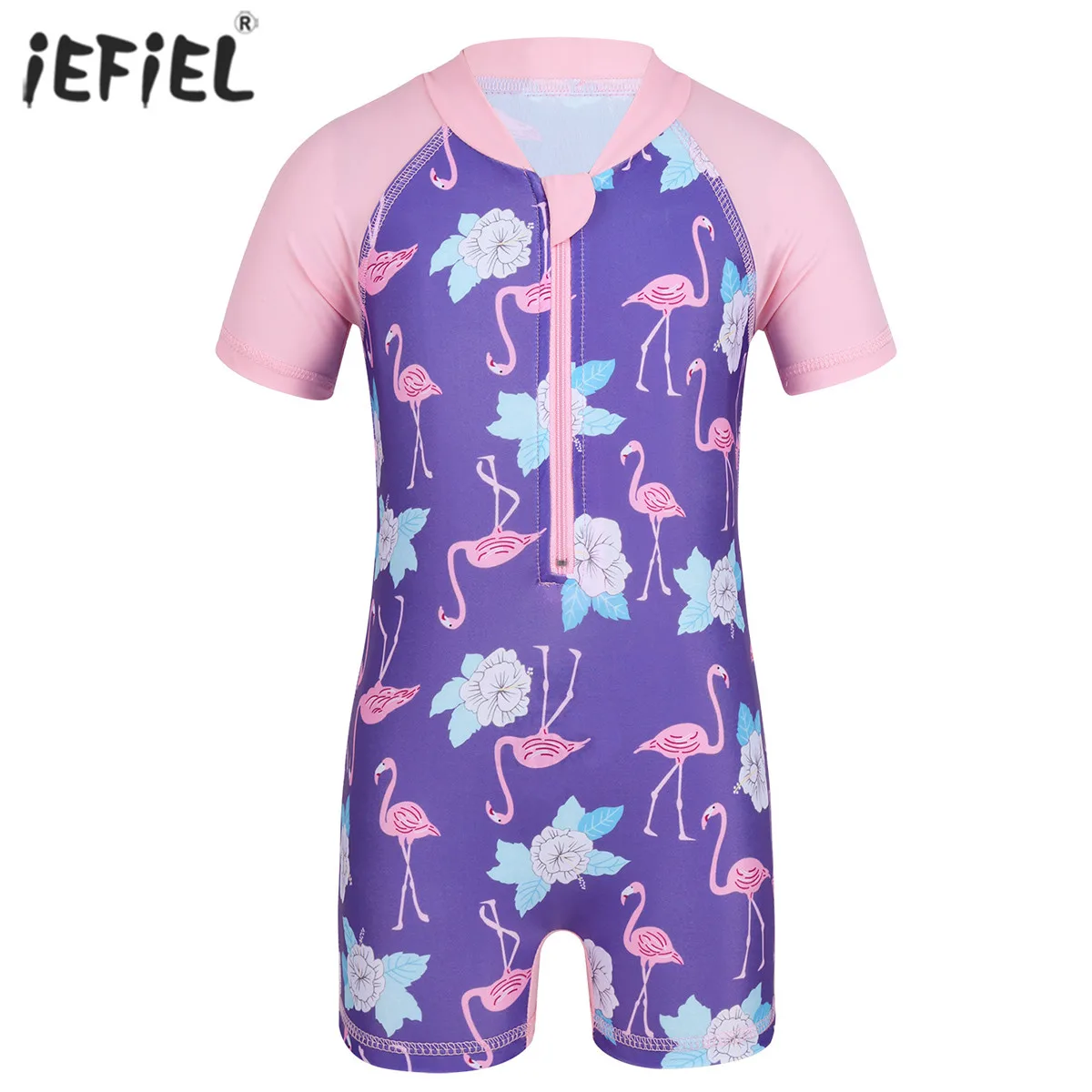 

Baby Girls Swimwear Flower Flamingo Print Summer Girl Swimsuit Beachwear Short Sleeves One-piece Bathing Suit for 0-24 Months