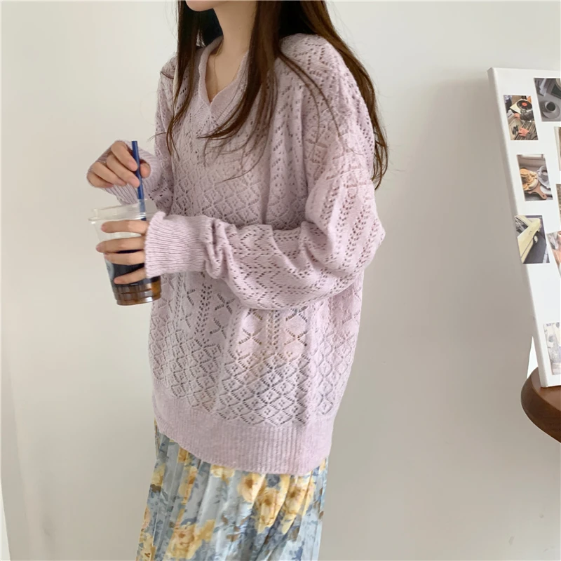 

New 2021 Summer Autunm Women Sweater V-Neck Pullovers Knitted Cutout Korean Style Oversize Wild Lady Jumpers