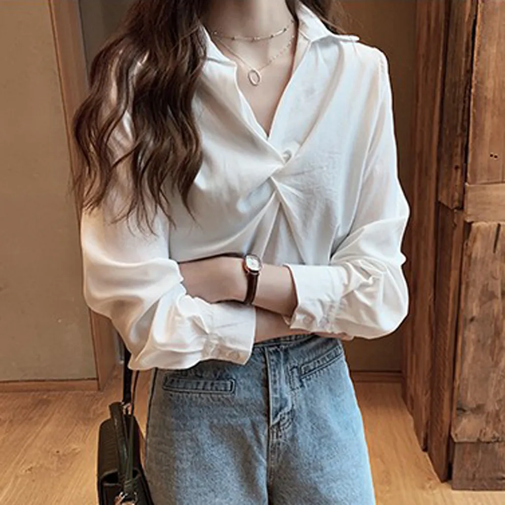 Блузка Женская Офисная однотонная на пуговицах с длинным рукавом свободного