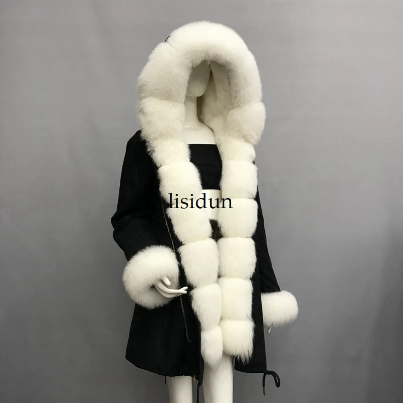 

LISIDUN 2019 Real Fur Parka Women Winter Jacket Nature Sliver Fox Fur Hooded Coats Real Rabbit Fur Lining Jacket Female Fur Coat