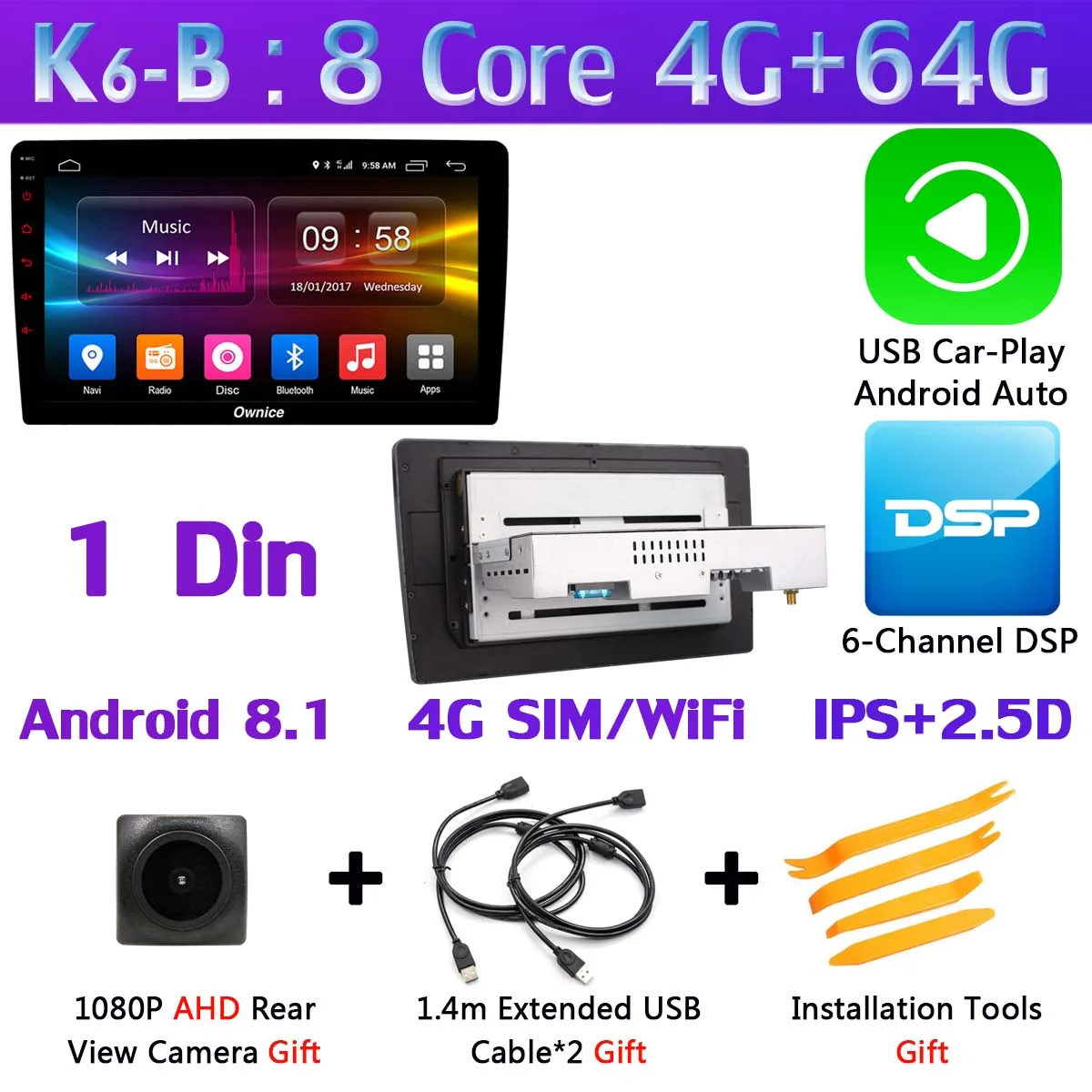 1 Din-K6-B-CarPlay Ownice K6 ультратонкий 1din 4 SIM LTE WiFi 8 ядер Android 8,1 4 Гб+ 64 ГБ Автомобильный мультимедийный плеер радио gps навигация SPDIF DSP CarPlay - Цвет: 1 Din-K6-B-CarPlay