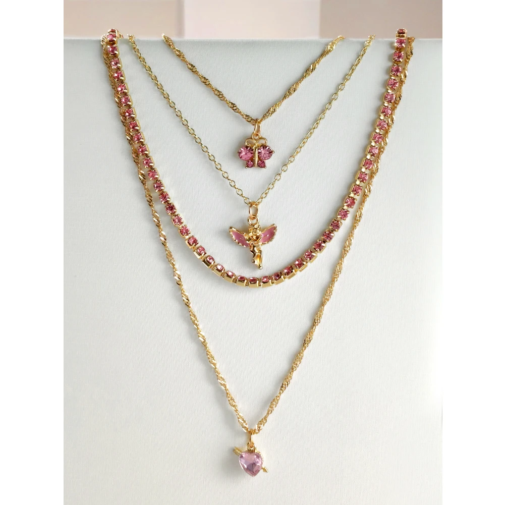 

Boho Pink Angel Charm Crystal Tennis Chain Necklaces For Women Cute Butterfly Heart Pendant Metal Chain Necklace Wedding Jewelry