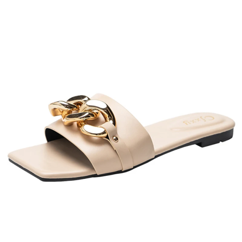 

2021 Women Slippers Fashion Chain Decoratie Vierkante Open Toe Teen Platte Outdoor Personality Street Punk Woman Shoes