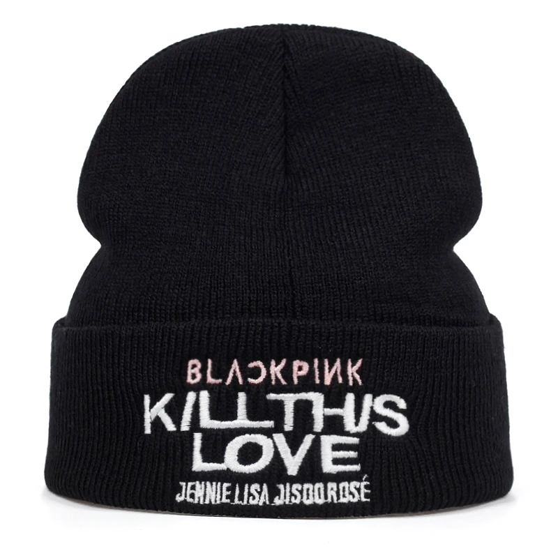 Новая Вязаная шапка унисекс для влюбленных в Корейском стиле BLACKPINK KILL THIS LOVE Album Letters, однотонный хип-хоп Повседневный широкий берет-Боб с манжетами - Цвет: Черный
