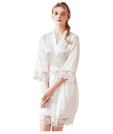 Шелковое атласное короткое однотонное кимоно пикантный кружевной банный халат