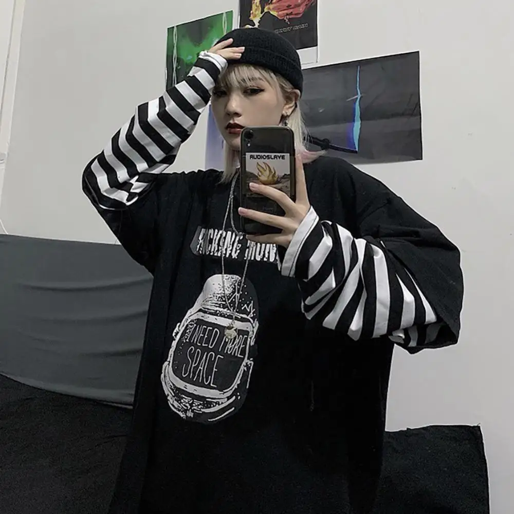 70% Hot Sell Women Stripes Patchwork Letters Print Blouse Fake Two Piece Oversized T-shirt