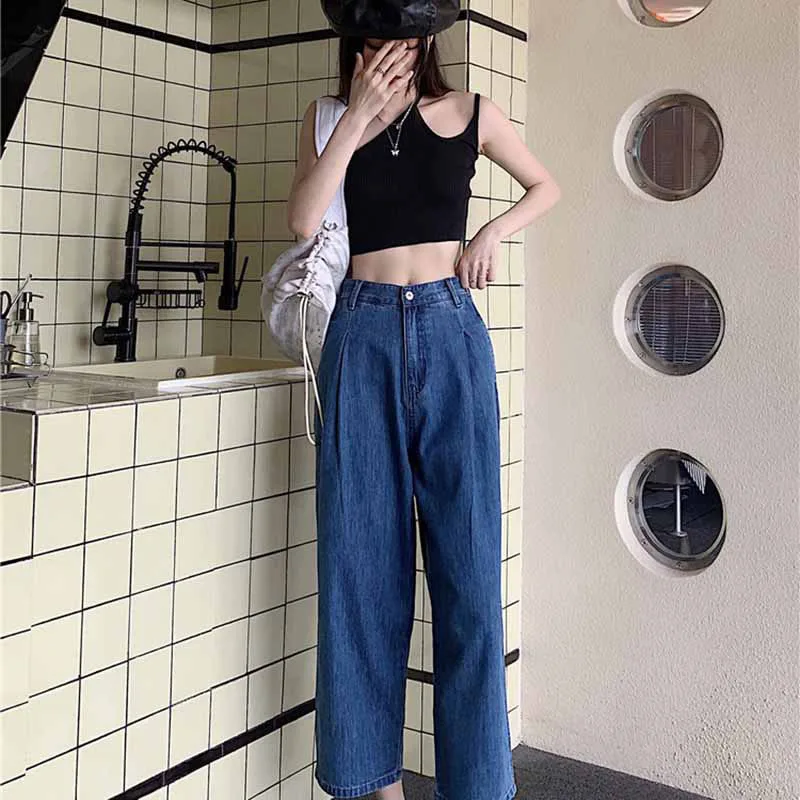 

CHICEVER Minimalist Blue Denim Pant For Women High Waist Full Length Straight Loose Jeans Female Spring Fashion Clothing Stylish
