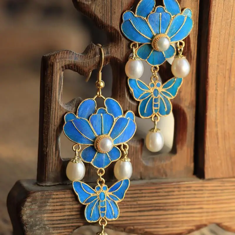 Серьги-кисточки в китайском стиле с жемчугом и бабочкой | Украшения аксессуары