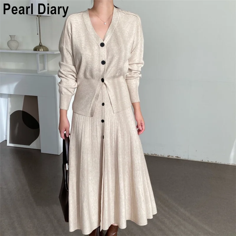 2021 Korean Fashion Knitted 2 Two Piece Set Women Outfits Autumn Winter Vintage Long Skirt and Full Sleeve Sweater Cardigans |