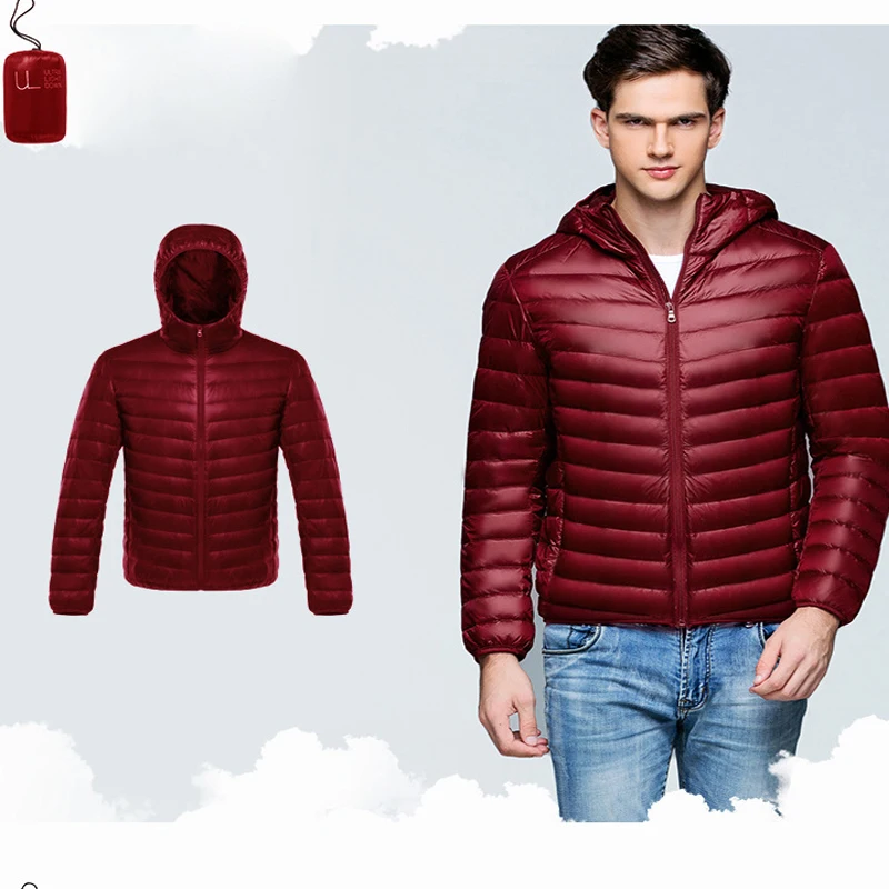 Мужской пуховик с капюшоном теплый перьями однотонный тонкий светильник 5XL