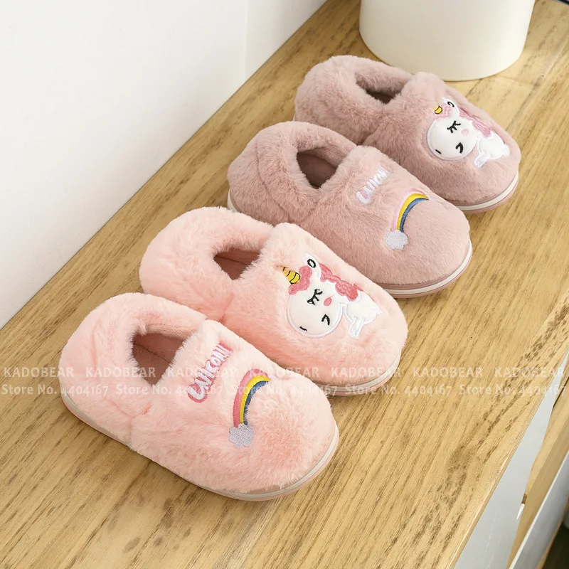 Детские плюшевые тапочки с мультяшным единорогом зимняя обувь для маленьких