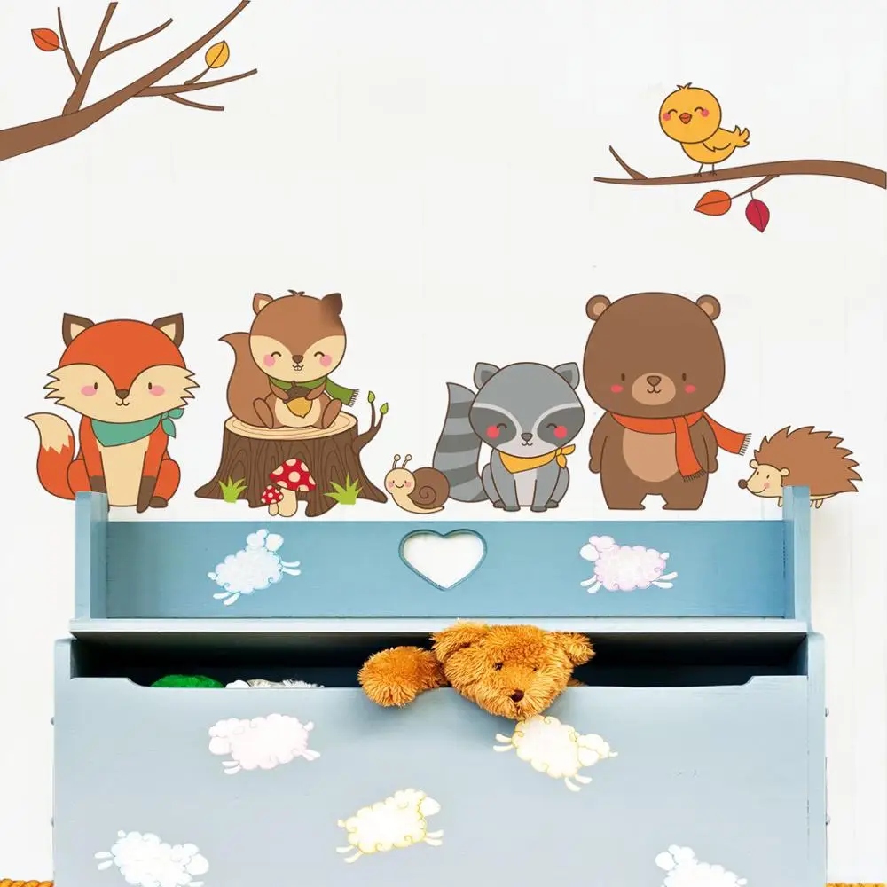 

Etiqueta de la pared de Animales del bosque, Baby Fox Bear, dibujos animados DIY para habitación de los niños, decoración del ho