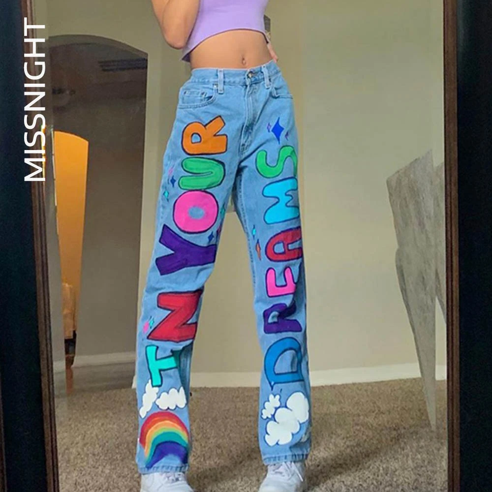 

Missnight Letter Printed Woman Jeans High Waist Pants Baggy Jeans For Women Straight Pants Pockets Kawaii Vintage