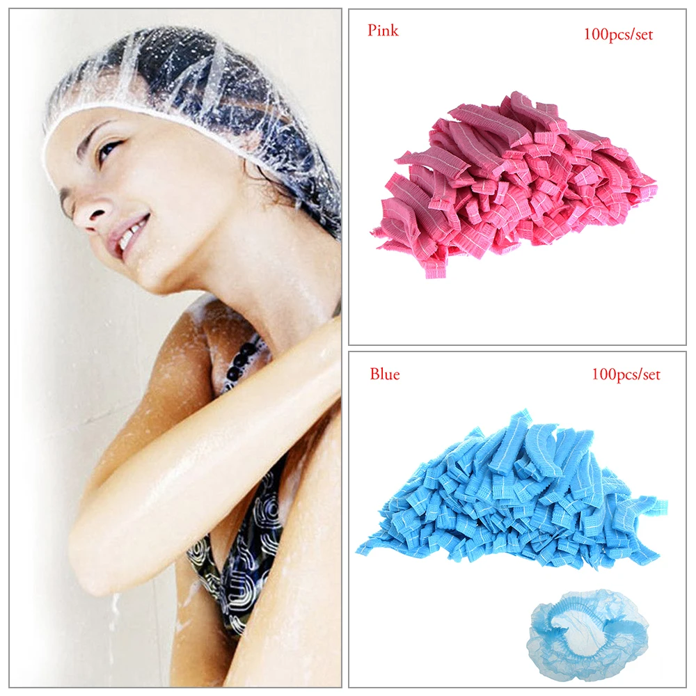 

100PCS Women Men Waterproof Disposable Shower Cap Plastic Pleated Anti Dust Elastic Clear Hat Bouffant Caps for Spa Hair Salon