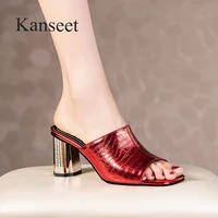 kanseet womens slippers 2021 summer fashion prom party dress high heels open toed thick heels red genuine leather shoes woman