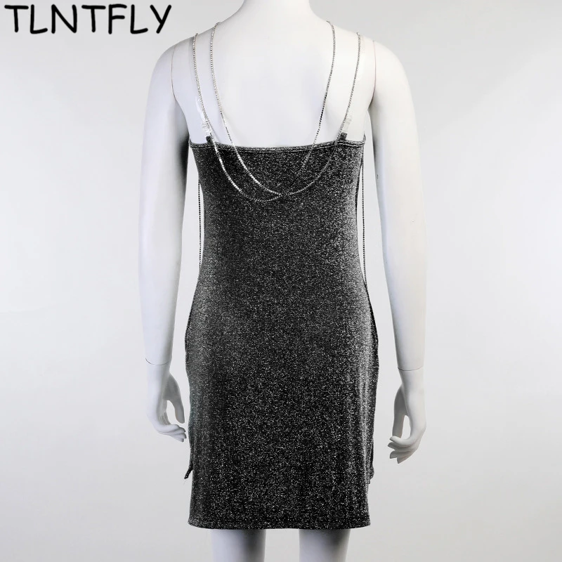 

Mini Dress Transparent Strap With Diamond Chain Sexy Woman Party Dress Summer 2021 Fashion Backless Slim Shiny Split Club Outfit