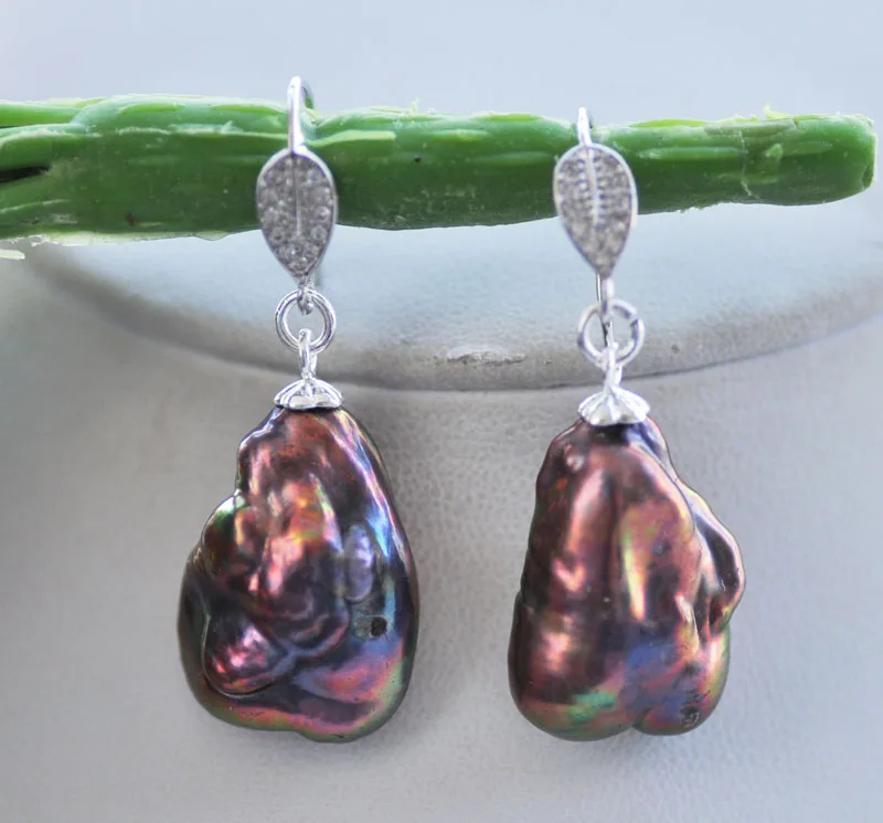 

P7523 25 мм коричневый-черный Keshi Pearl CZ серьга с листом-подвеской