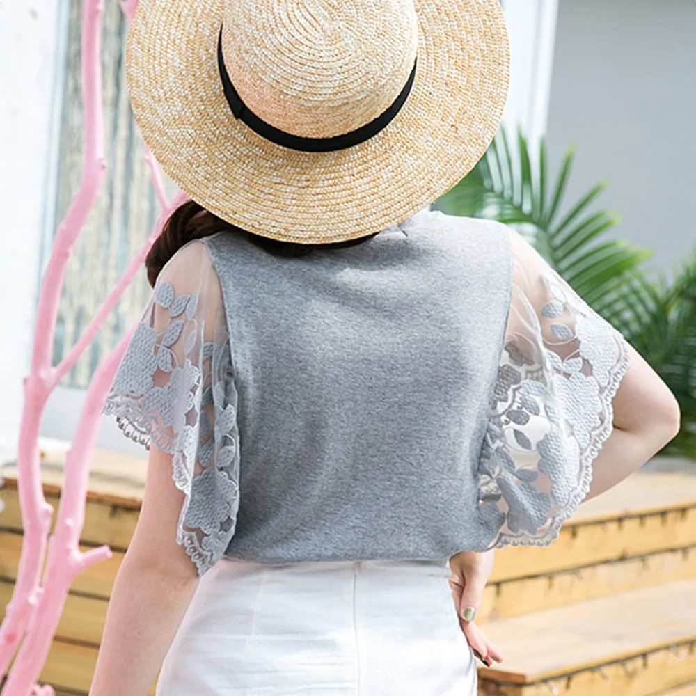 

T-Shirt Lace Single Round Neck Short Sleeve Plain Standard Loose Inelastic Casual Fashion Suit Simple Women 2021 New Style