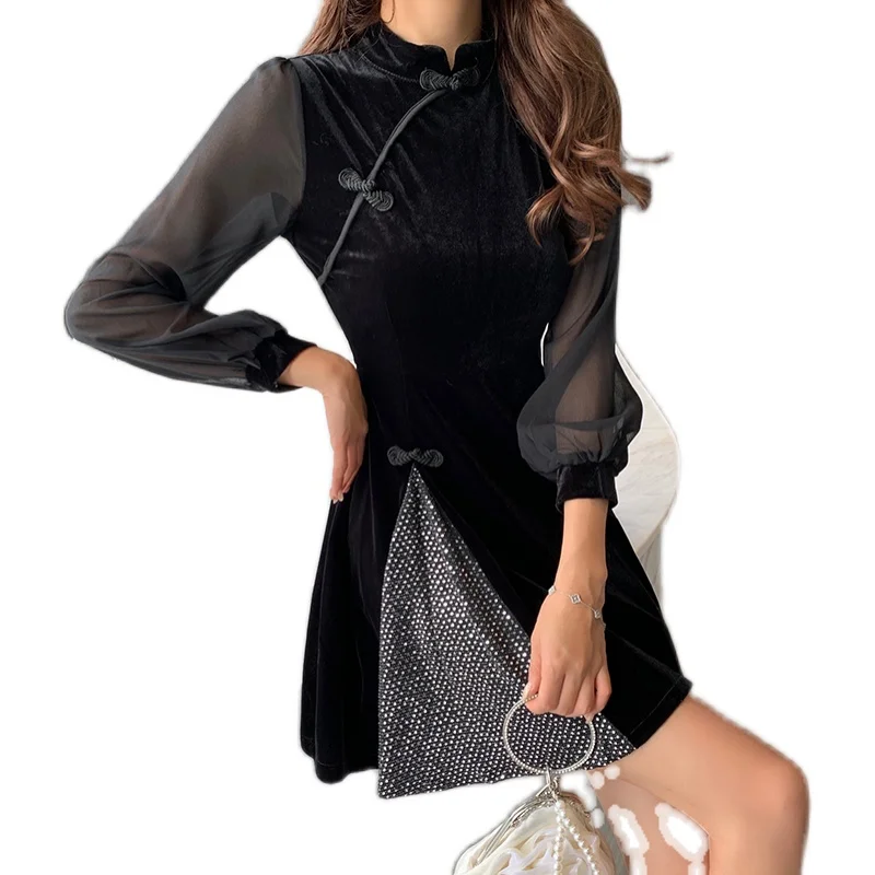 

Autumn Winter Pleuche Long Sleeve Women Dress Improved Retro Cheongsam Slim Fit Sexy Dresses Velvet Little Black Bottom Dress