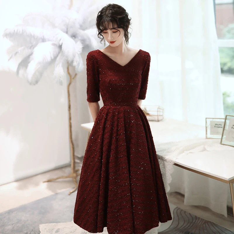 Женское длинное вечернее платье AE598 бордовое кружевное трапециевидной формы с V