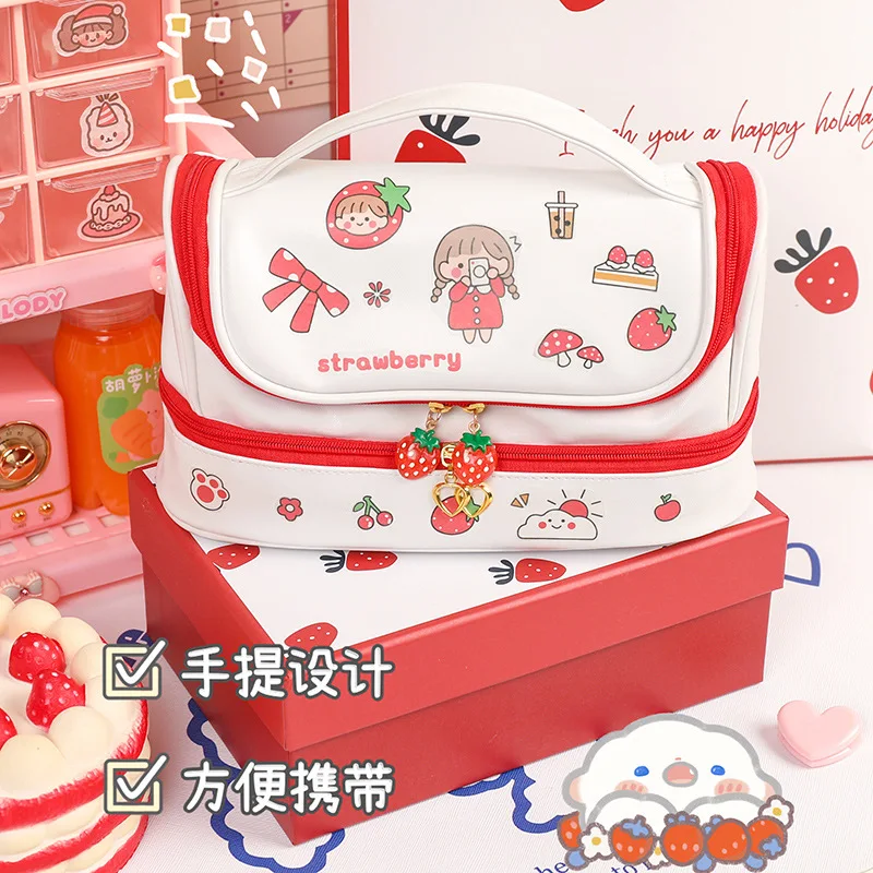 

Kawaii Pencil Bag PU Large-capacity Double-layer Pencil Case Girl's Heart Cosmetic Storage Bag Student Stationery Organizer
