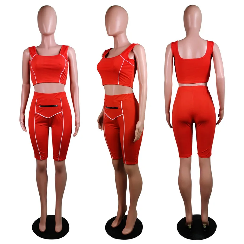 

White Striped Spliced Two Piece Set Women Festival Clothing Square Collar Sleeveless Crop Top And Skinny Short Sporty Tracksuit