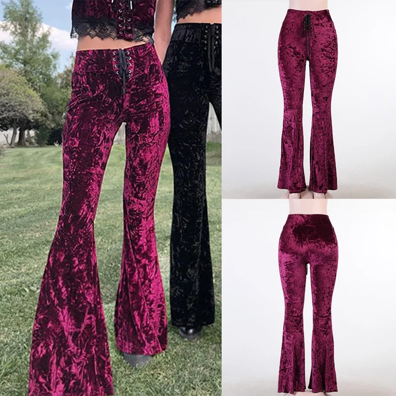 

Goth Flare Pants Harajuku High Waist Bandage Pants Vintage Aesthetic Velvet Women Trousers Streetwear Pants