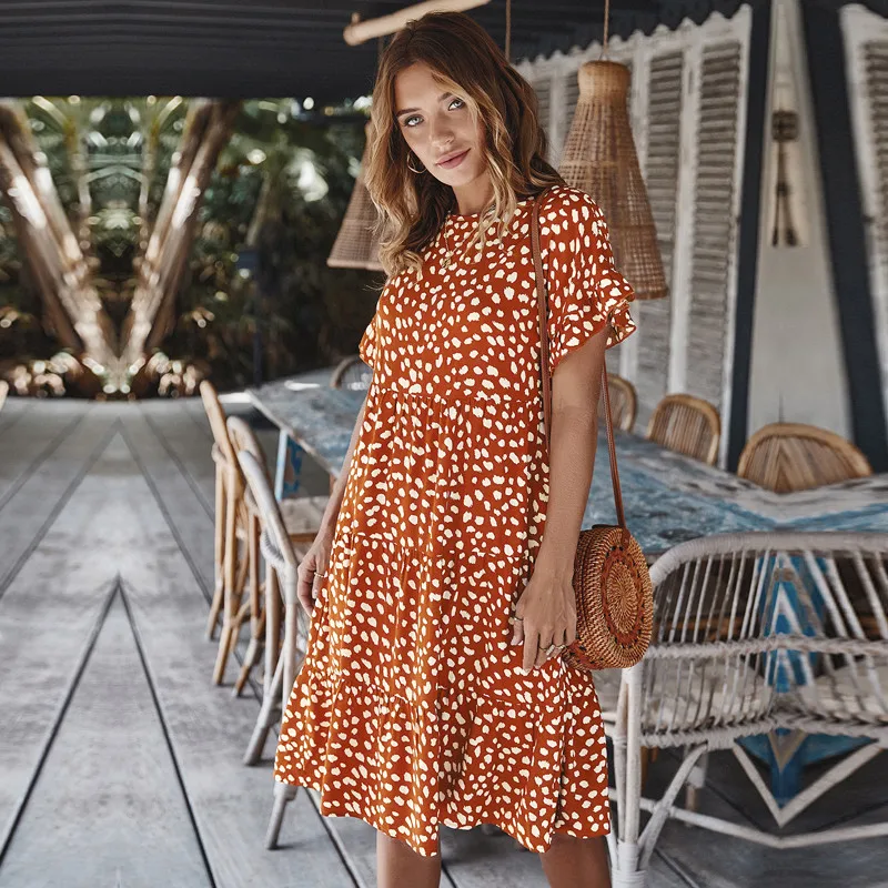 

2021Summer Short Sleeve Print Dress Women Butterfly Sleeve Office Lady Ruffles O-neck High Waist Knee-length Dress