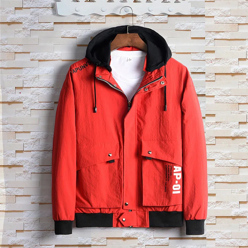 Мужские куртки осень 2019 красная уличная куртка в стиле хип хоп с большим карманом