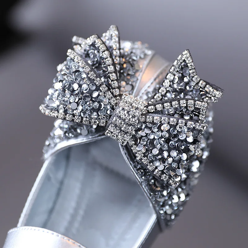 

13.5-21cm Brand Kids Girls bling Sequied Princess Shoes,Silver Pink Twinkle Rhinestone Children Women Dress Shoes,Bow-knot Flats