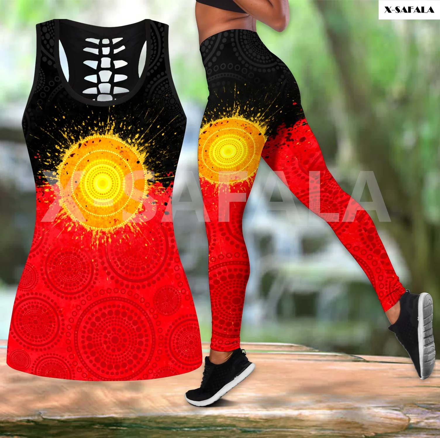 

Aboriginal Flag Painting Art Two Piece Yoga Set Women 3D Print Vest Hollow Out Tank Top High Waist Legging Summer Casual Sport