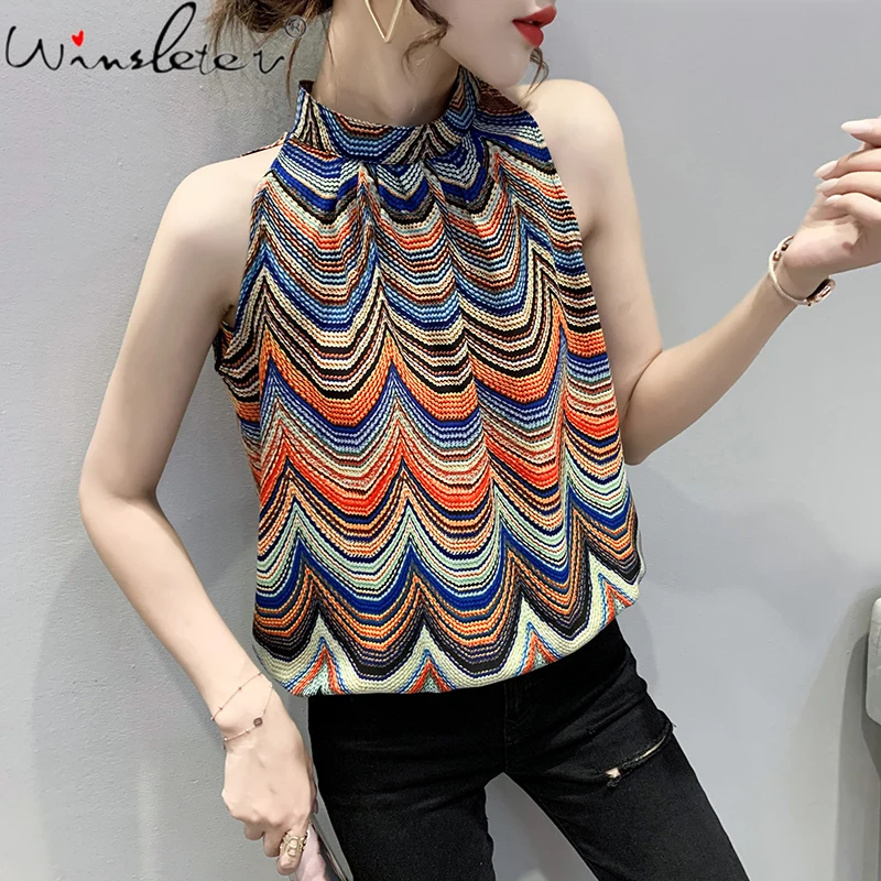 

Summer Korean Style Chiffon Loose Vest Chic Sexy Halter Color Blocking Women Tops Sleeveless Casual All Match 2021 Hot T15715A