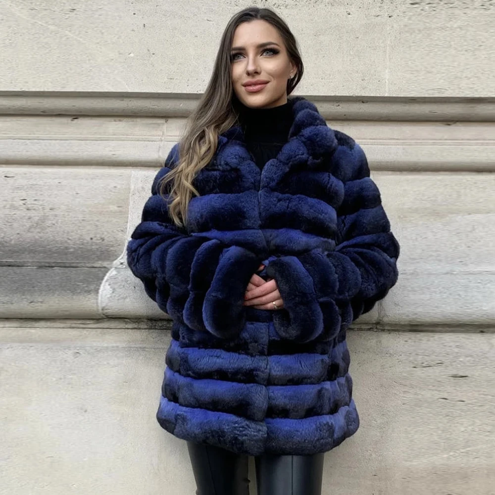 Fashion Royal Blue Real Rex Rabbit Fur Coat Lapel Collar High Quality Genuine Rex Rabbit Fur Coats Medium Length Fur Overcoats enlarge