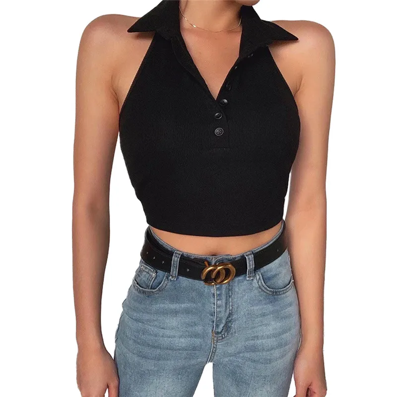

Women Fashion Sexy V-neck Top T-shirt Solid Color Sleeveless Crop Top Exposed Navel Top Party Soft Elastic Slim Clothing