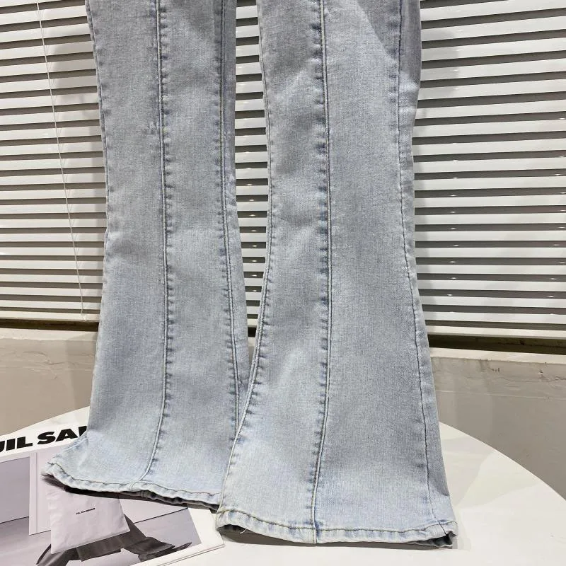 

CHICEVER Casual Blue Patchwork Diamonds Denim Pant For Women High Waist Full Length Flare Jeans Female Spring Fashion 2021 Style