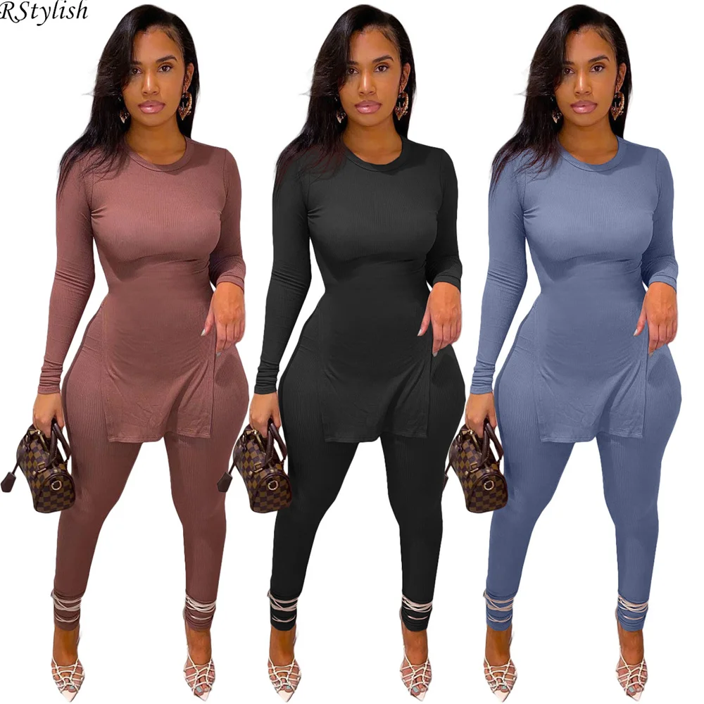 

Осенний трикотажный Повседневный однотонный комплект из двух предметов в рубчик, женская футболка с длинным рукавом и Боковым Разрезом, дл...