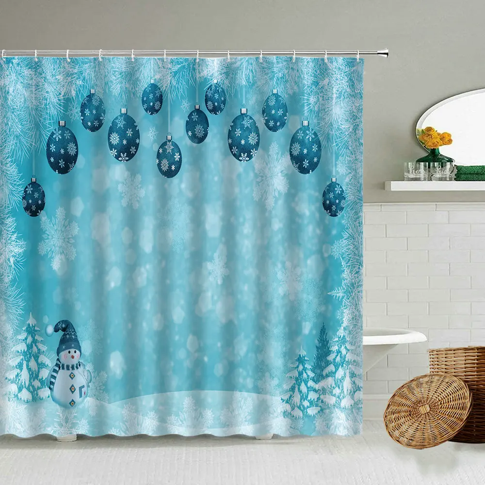 

Happy New Year Shower Curtains Christmas Ball Snowflake Snowman Bathroom Home Holiday Decoration Waterproof Curtain With hook