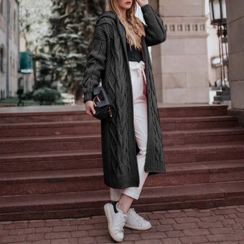 Женский осенний кардиган с капюшоном открытый передний вязаный свитер узором в